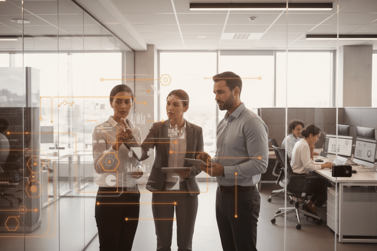 Team discussing international security framework specializations