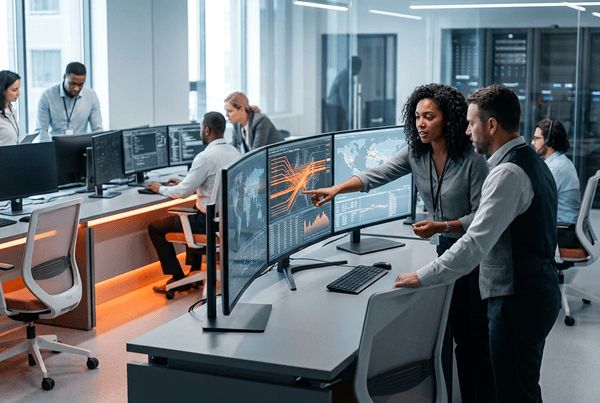 Security operations center with analysts monitoring threat dashboards