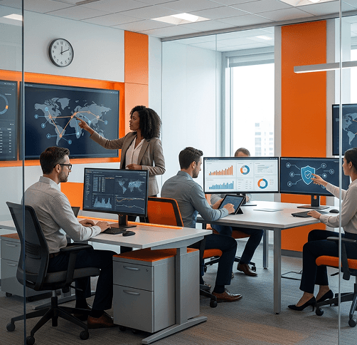 Security team collaborating in modern operations center with orange walls