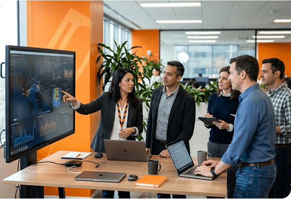 Security team presenting analytics on a large display