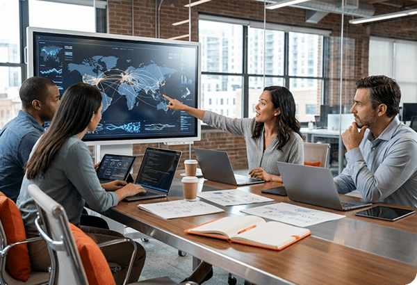 Team discussing threat visibility on a large display