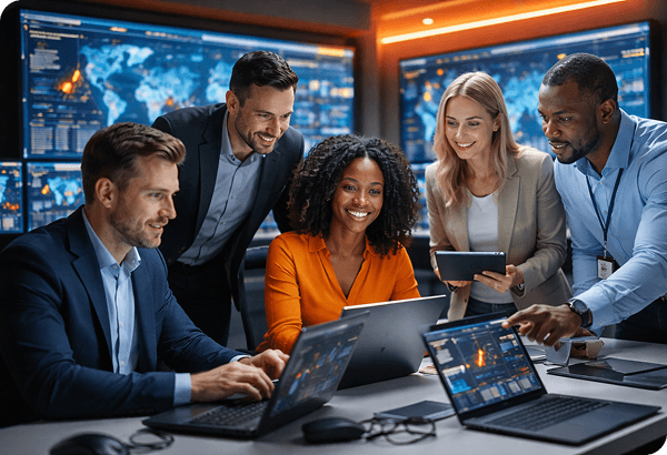 Team of professionals collaborating on security outcomes