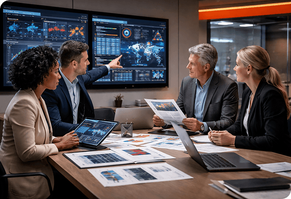 Executive team reviewing threat intelligence reports in a meeting