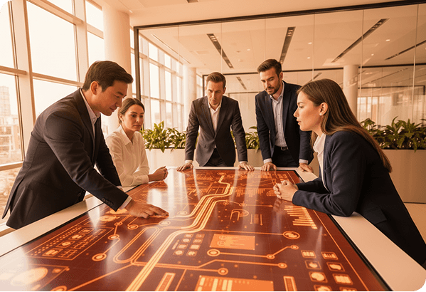 Team reviewing key deliverables around a table