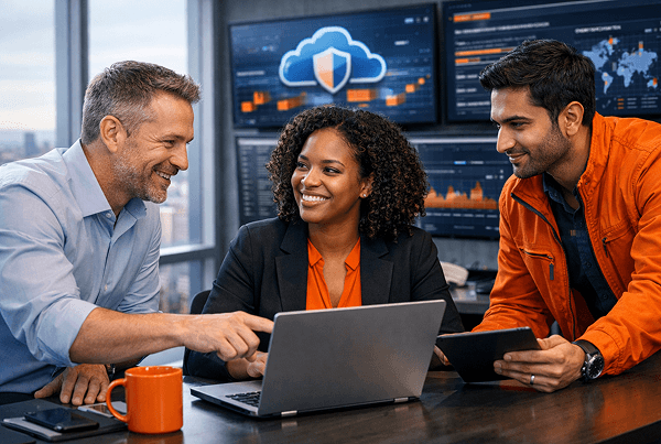 Team reviewing Azure security dashboard in meeting