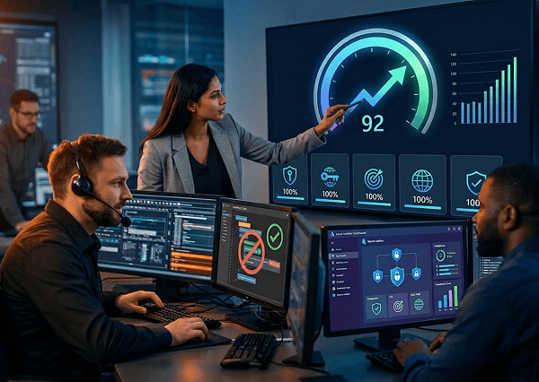 Team monitoring security operations center dashboards