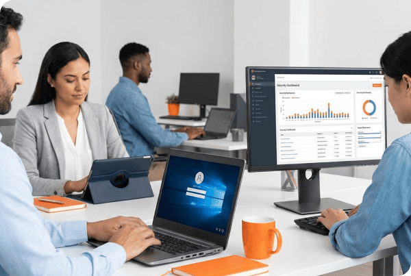 Team collaborating on M365 security protection domains